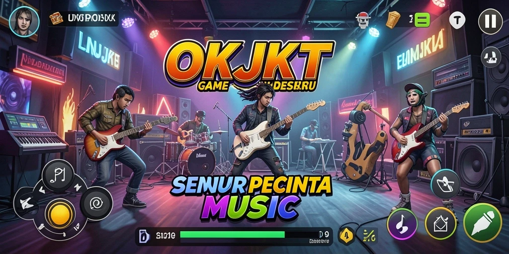 Screenshot utama OKJKT menampilkan gameplay musik yang seru.
