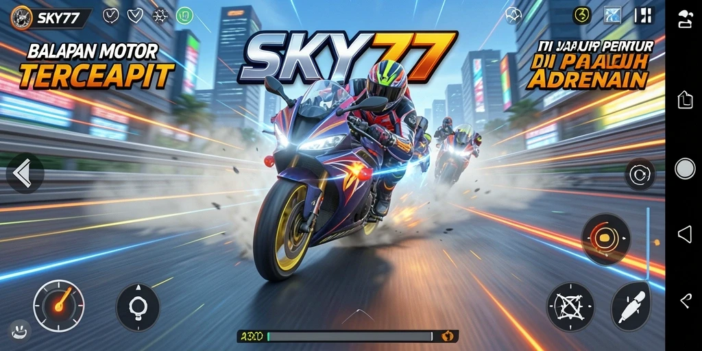 Screenshot gameplay SKY77 menampilkan balapan motor penuh aksi.