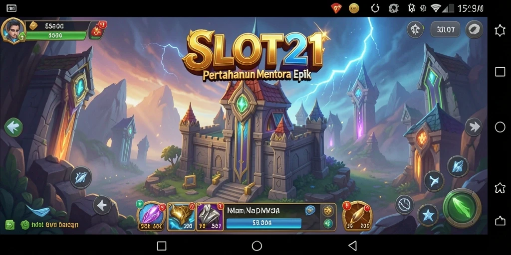 Tampilan gameplay SLOT21 dengan pertahanan menara yang strategis.