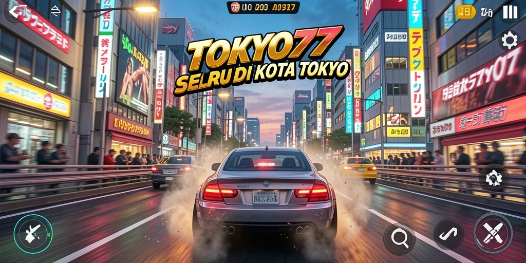 Screenshot gameplay TOKYO77 menampilkan aksi balapan seru di jalanan Tokyo.