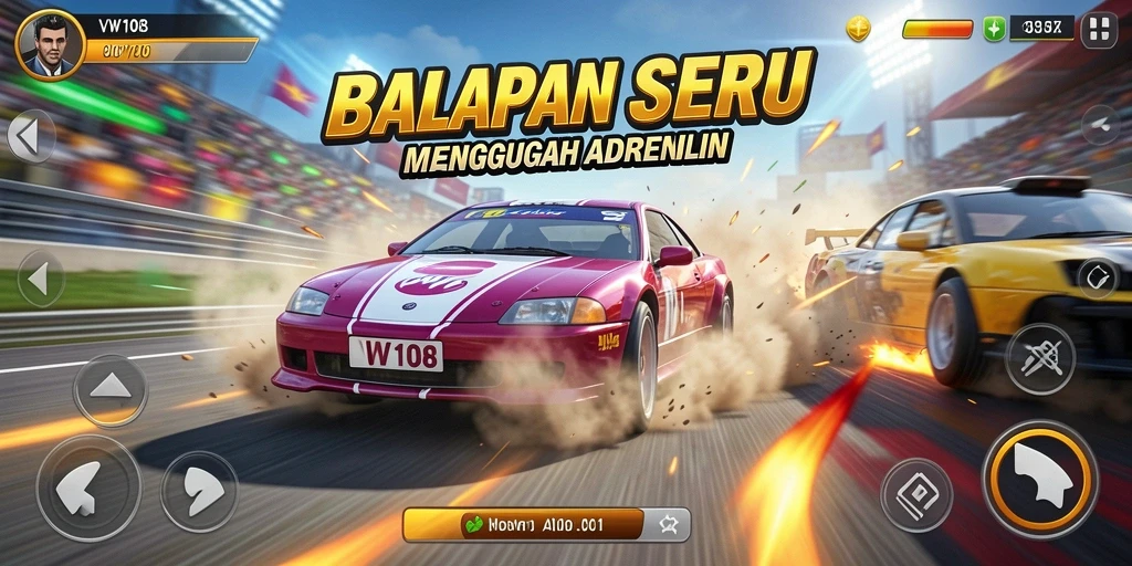 Screenshot yang menunjukkan aksi balapan mendebarkan dalam VW108.